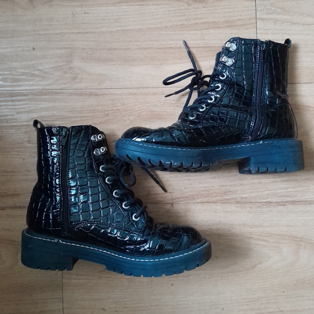 Black Faux Croc Leather Combat Boots